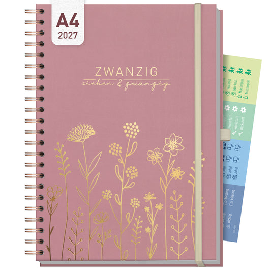 Coveransicht von Häfft Business-Timer Kalender 2027 A4 - Planer im Motiv „Fine Flowers rosé“.