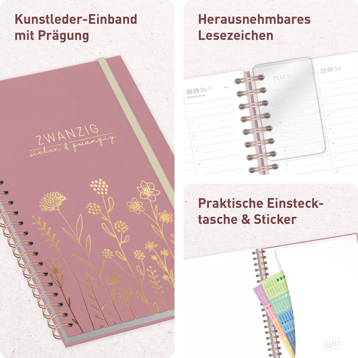 Ausstattung & Einband von Häfft Business-Timer Kalender 2027 A4 - Planer im Motiv „Fine Flowers rosé“.