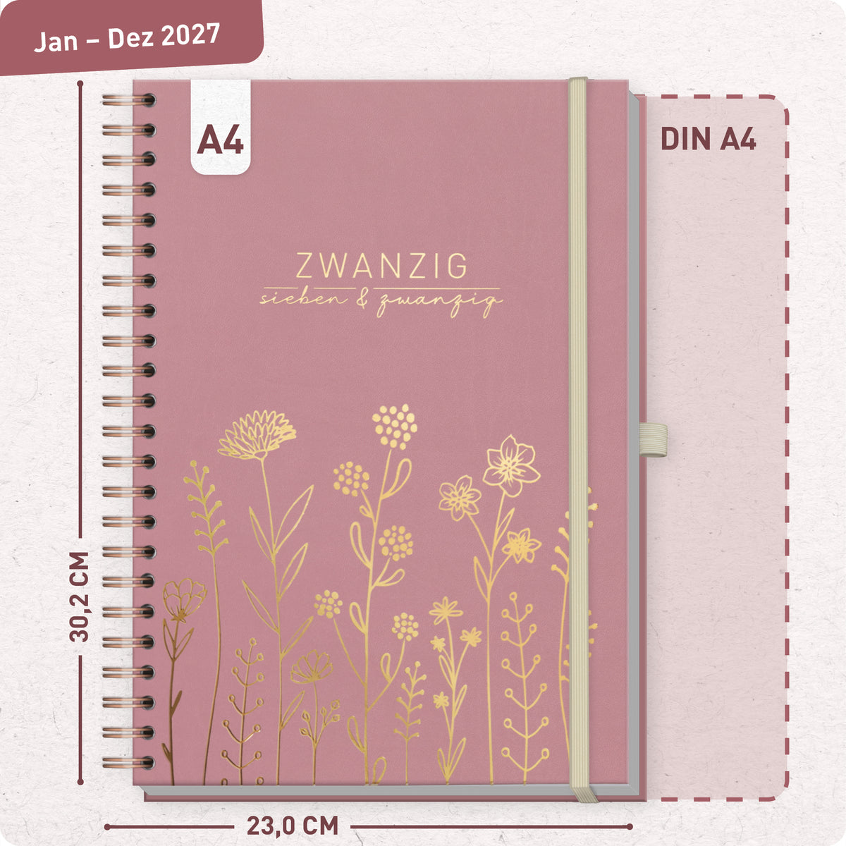 Format- und Größenansicht von Häfft Business-Timer Kalender 2027 A4 - Planer im Motiv „Fine Flowers rosé“.