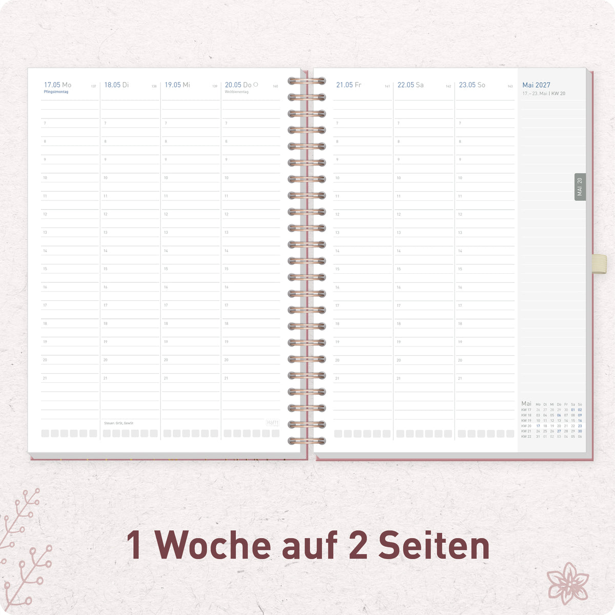Innenansicht von Häfft Business-Timer Kalender 2027 A4 - Planer im Motiv „Fine Flowers rosé“ mit Wochenplanung und Terminraster.