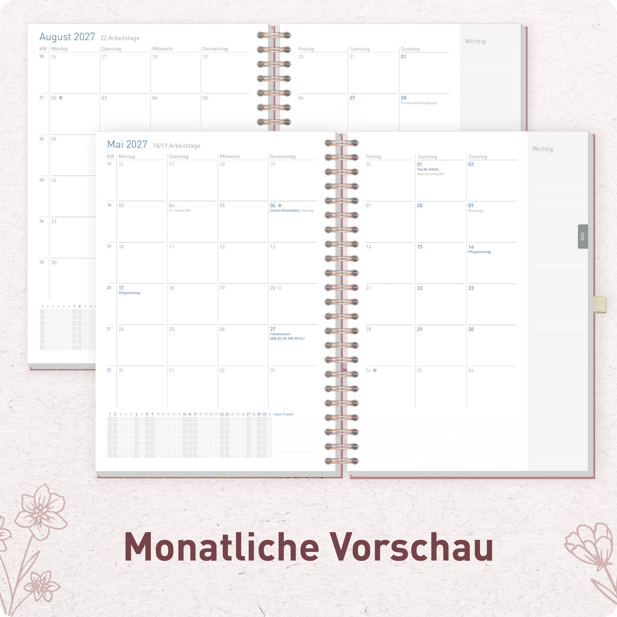 Innenansicht von Häfft Business-Timer Kalender 2027 A4 - Planer im Motiv „Fine Flowers rosé“ mit Monatsvorschau.
