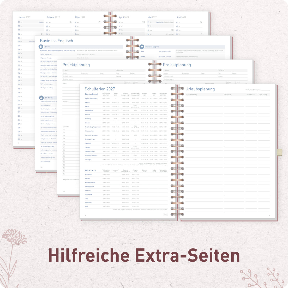 Zusatzseiten von Häfft Business-Timer Kalender 2027 A4 - Planer im Motiv „Fine Flowers rosé“.