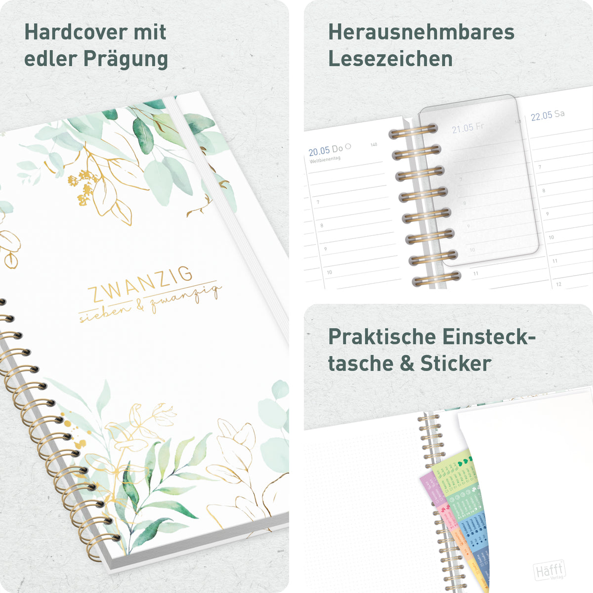 Ausstattung & Einband von Häfft Business-Timer Kalender 2027 A4 - Planer im Motiv „Blattgold“.