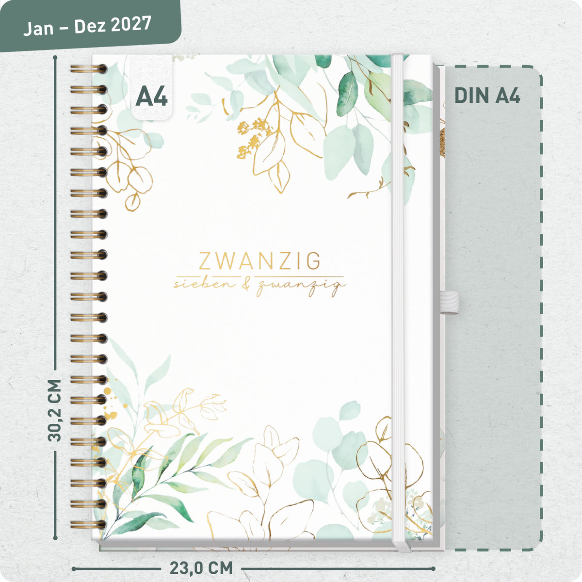 Format- und Größenansicht von Häfft Business-Timer Kalender 2027 A4 - Planer im Motiv „Blattgold“.