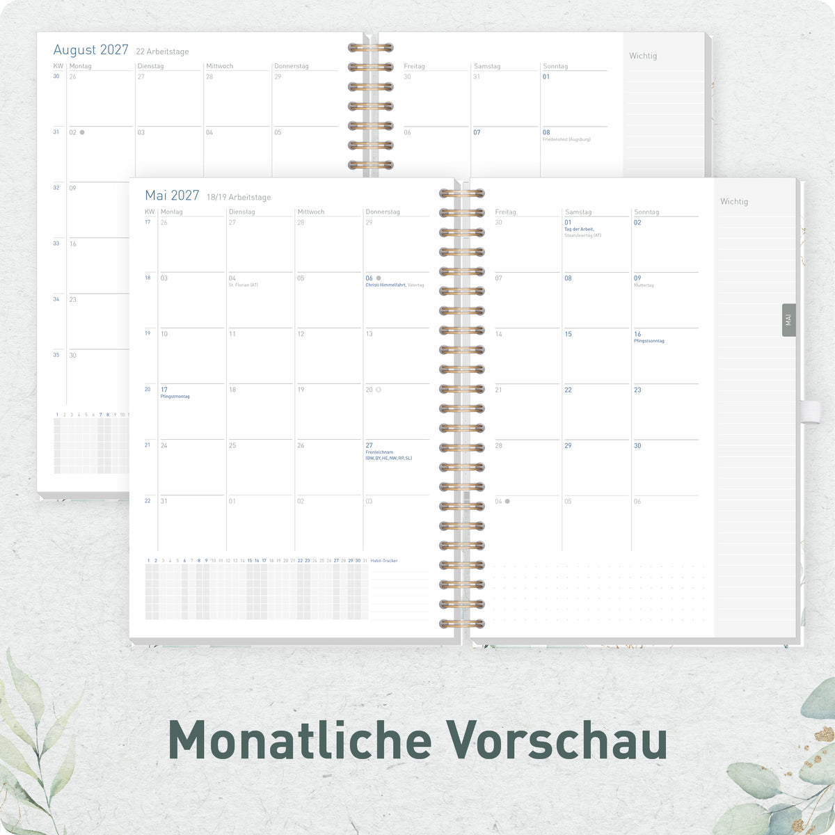 Innenansicht von Häfft Business-Timer Kalender 2027 A4 - Planer im Motiv „Blattgold“ mit Monatsvorschau.