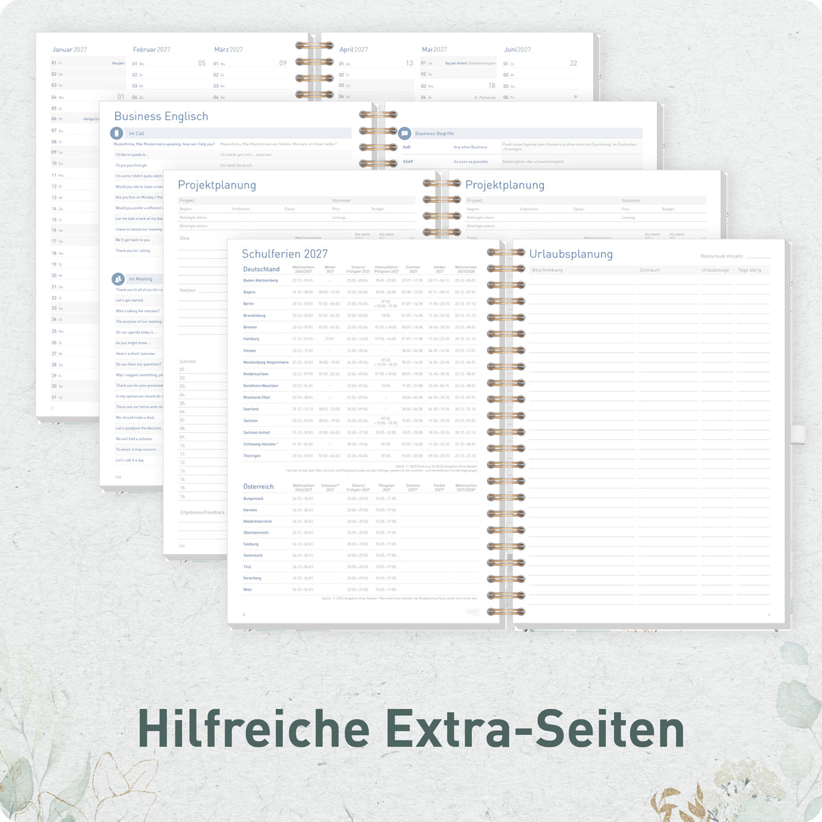 Zusatzseiten von Häfft Business-Timer Kalender 2027 A4 - Planer im Motiv „Blattgold“.