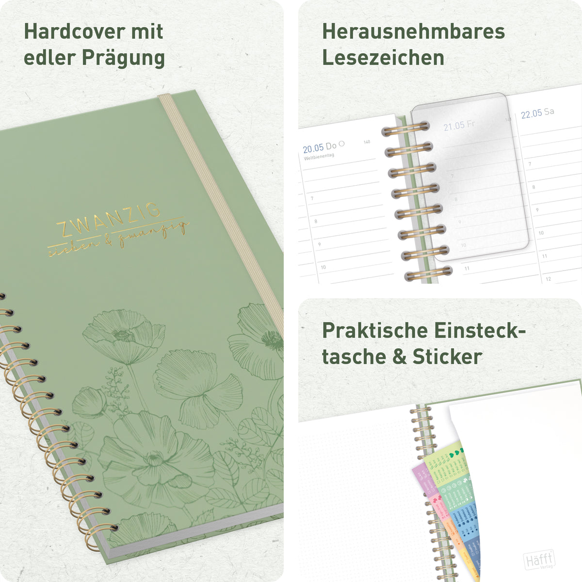 Ausstattung & Einband von Häfft Business-Timer Kalender 2027 A4 - Planer im Motiv „Green Poppy“.