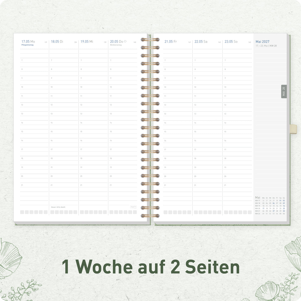 Innenansicht von Häfft Business-Timer Kalender 2027 A4 - Planer im Motiv „Green Poppy“ mit Wochenplanung und Terminraster.