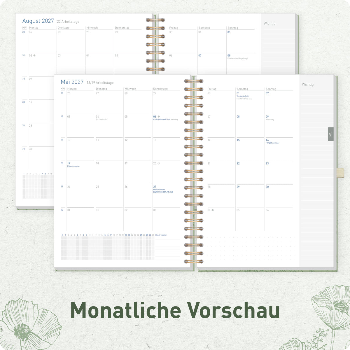 Innenansicht von Häfft Business-Timer Kalender 2027 A4 - Planer im Motiv „Green Poppy“ mit Monatsvorschau.