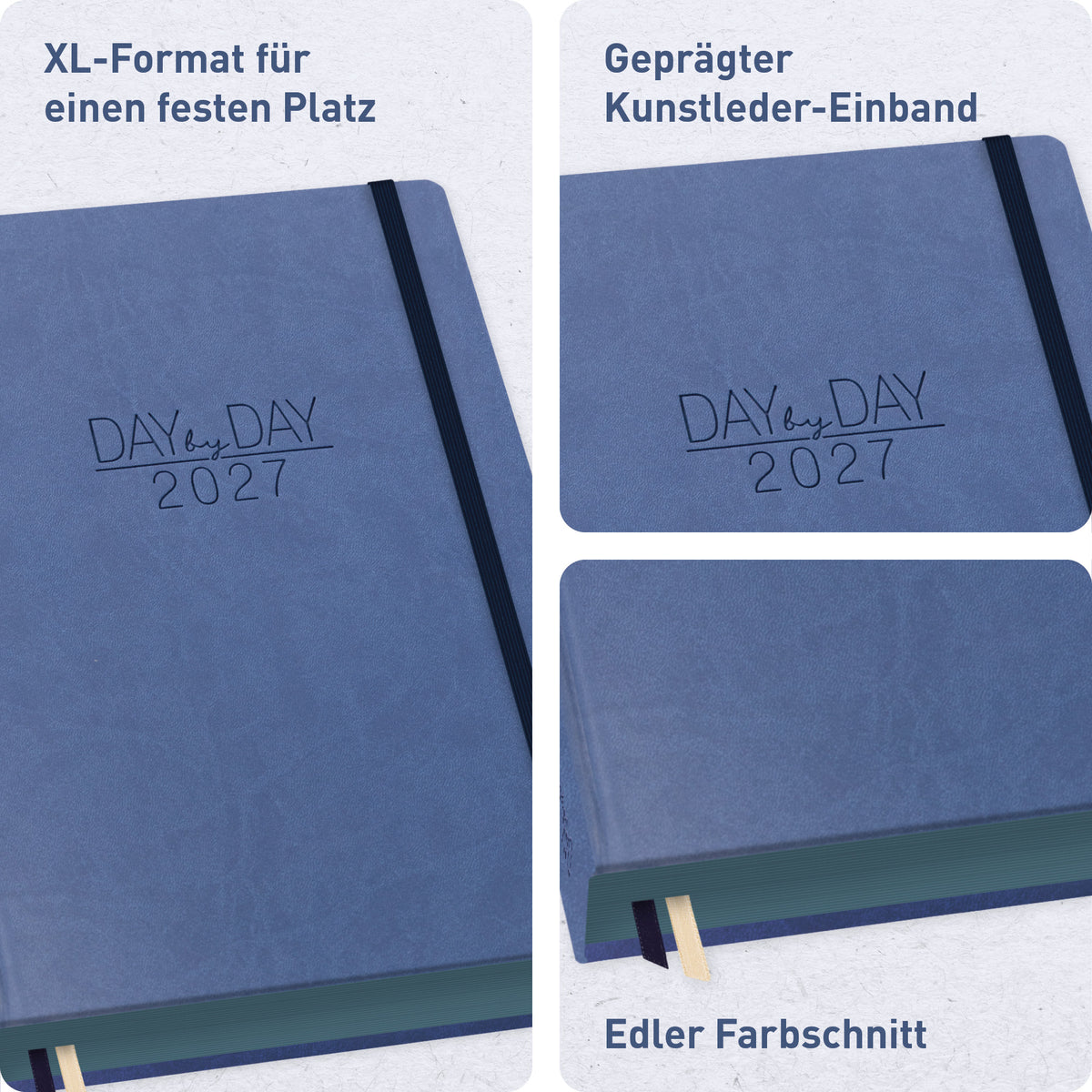 Ausstattung & Einband von Häfft Organizer Day by Day Maxi Tageskalender 2027 A4+ im Motiv „Business Blue“.