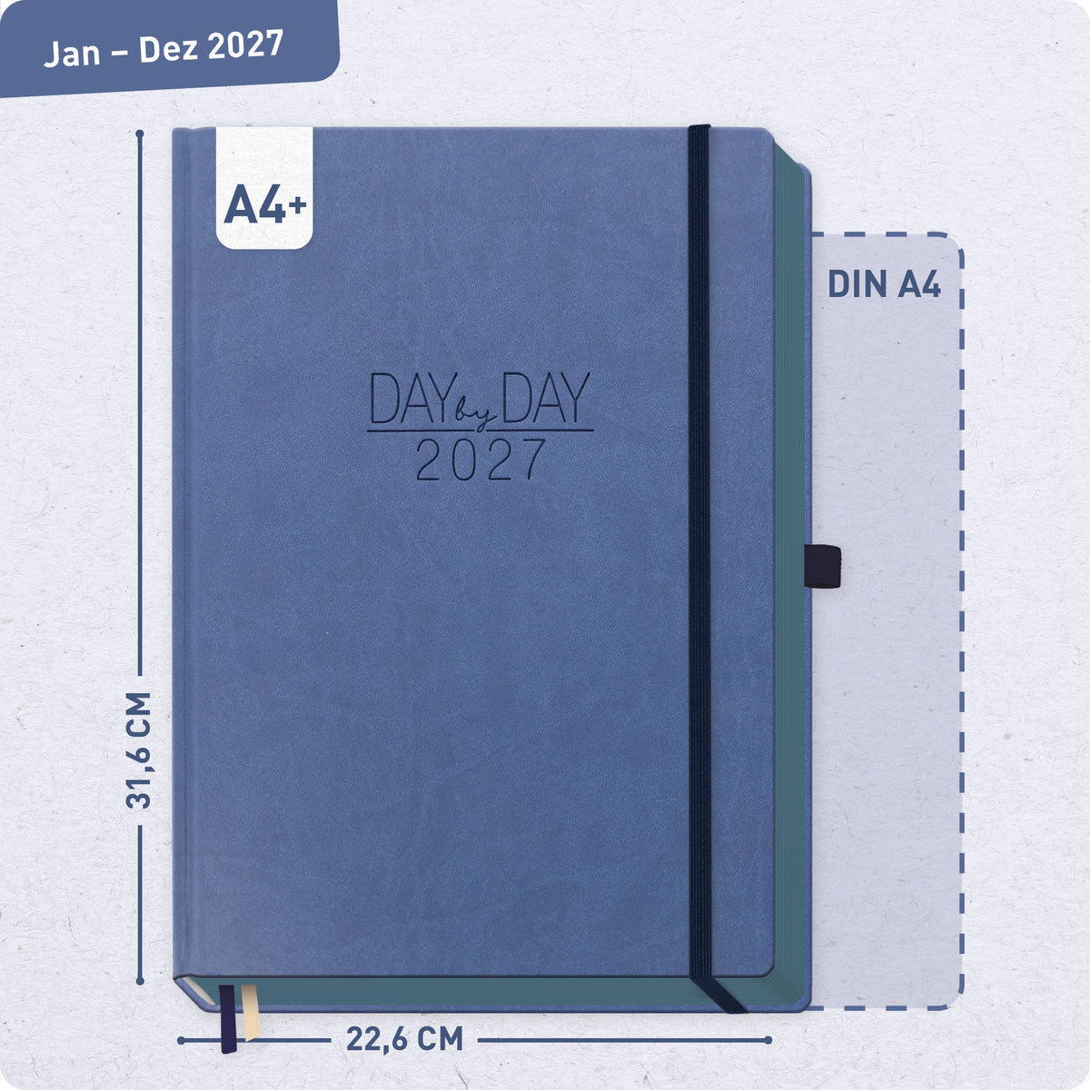 Format- und Größenansicht von Häfft Organizer Day by Day Maxi Tageskalender 2027 A4+ im Motiv „Business Blue“.