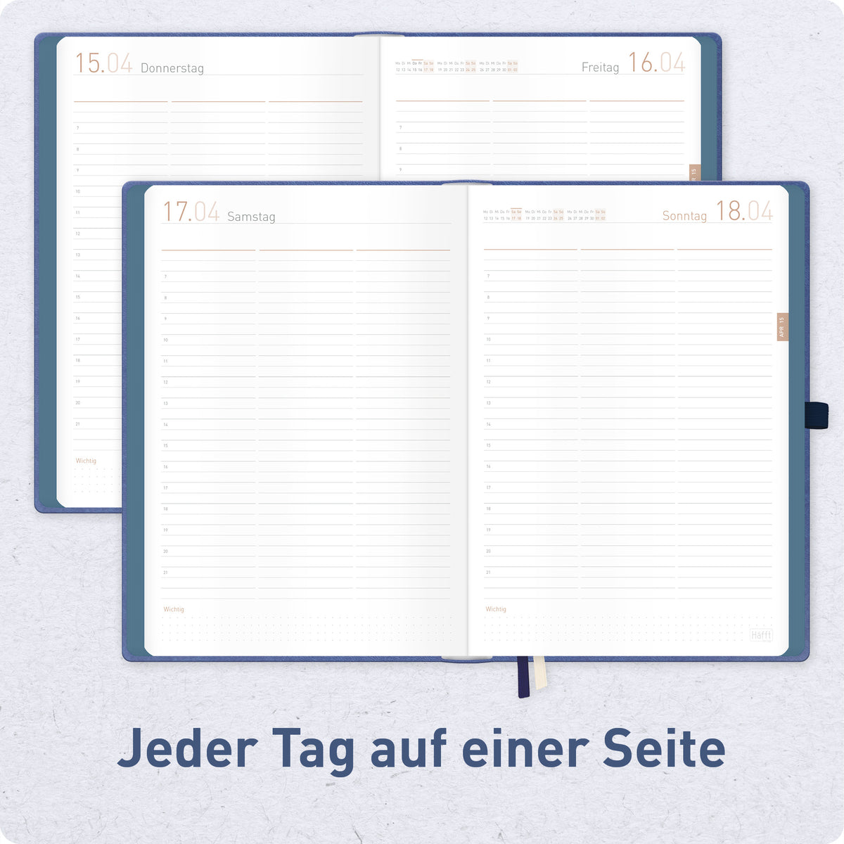 Innenansicht von Häfft Organizer Day by Day Maxi Tageskalender 2027 A4+ im Motiv „Business Blue“ mit ausführlicher Tagesplanung.