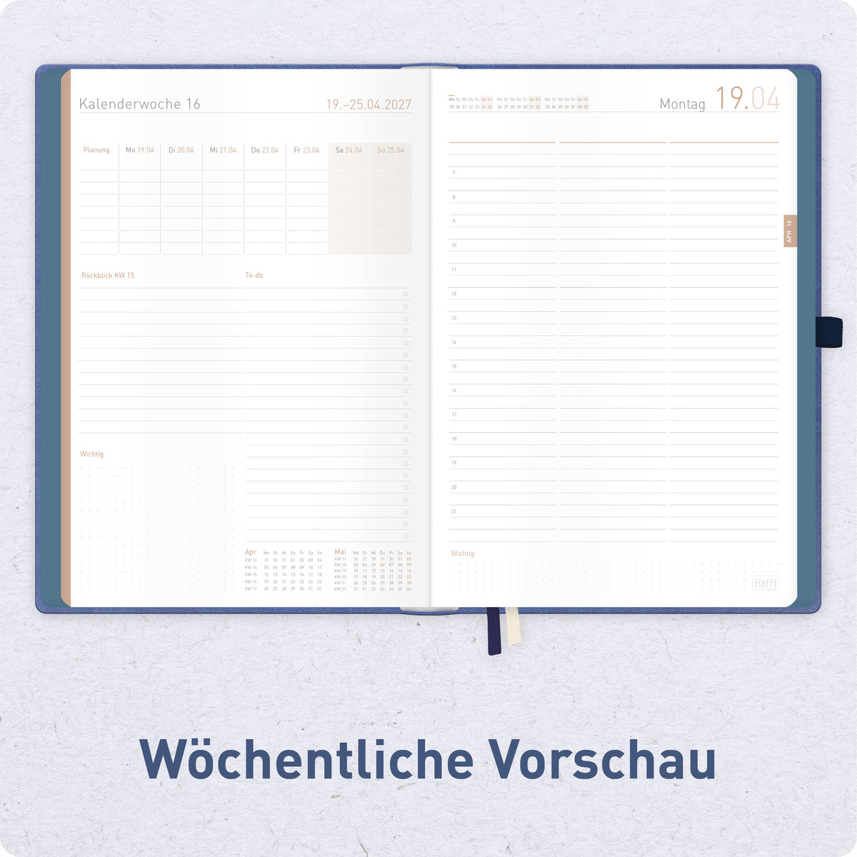 Innenansicht von Häfft Organizer Day by Day Maxi Tageskalender 2027 A4+ im Motiv „Business Blue“ mit Monatsübersicht.