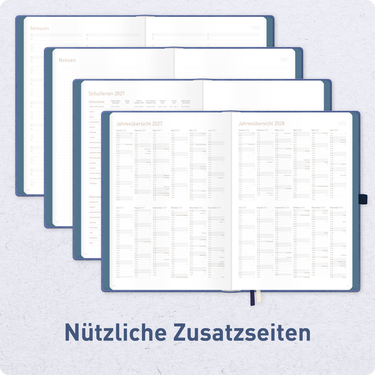 Zusatzseiten von Häfft Organizer Day by Day Maxi Tageskalender 2027 A4+ im Motiv „Business Blue“.
