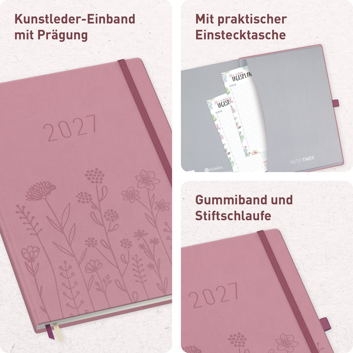 Ausstattung & Bindung von Häfft Wochen-Notiz-Kalender 2027 A4 im Motiv „Fine Flowers rosé“.