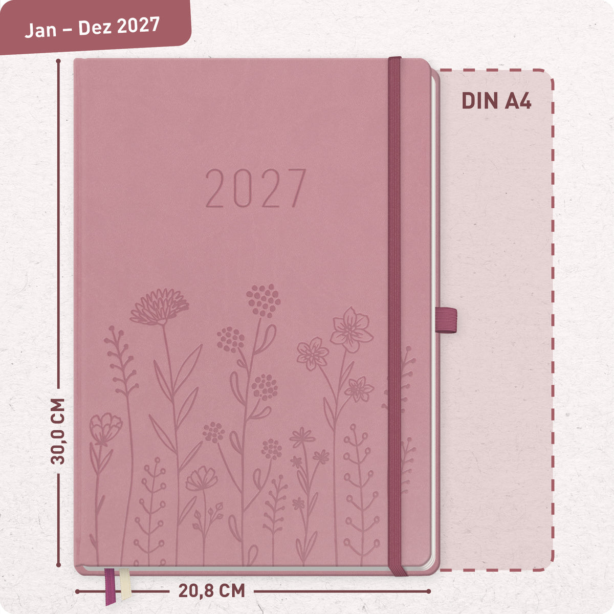 Format- und Größenansicht von Häfft Wochen-Notiz-Kalender 2027 A4 im Motiv „Fine Flowers rosé“.