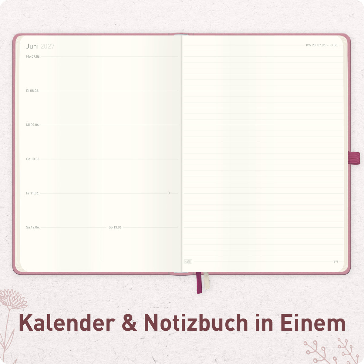 Wochenplanung & Notizen von Häfft Wochen-Notiz-Kalender 2027 A4 im Motiv „Fine Flowers rosé“.