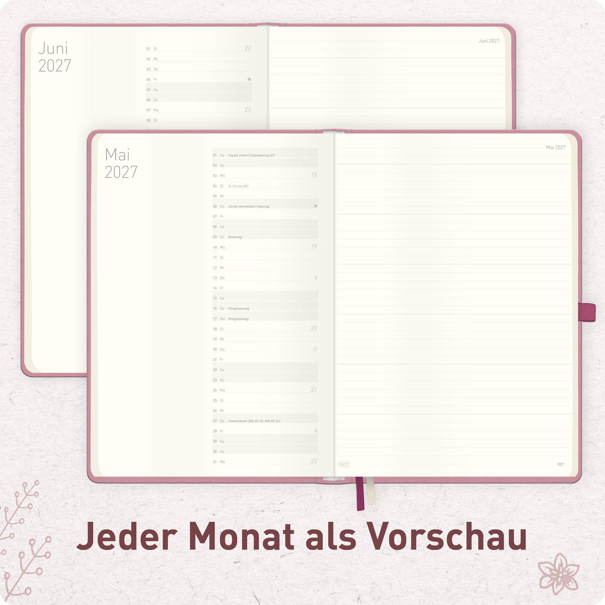 Innenansicht von Häfft Wochen-Notiz-Kalender 2027 A4 im Motiv „Fine Flowers rosé“ mit Monatsübersicht.