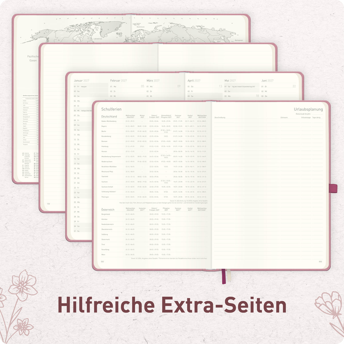 Zusatzseiten von Häfft Wochen-Notiz-Kalender 2027 A4 im Motiv „Fine Flowers rosé“.
