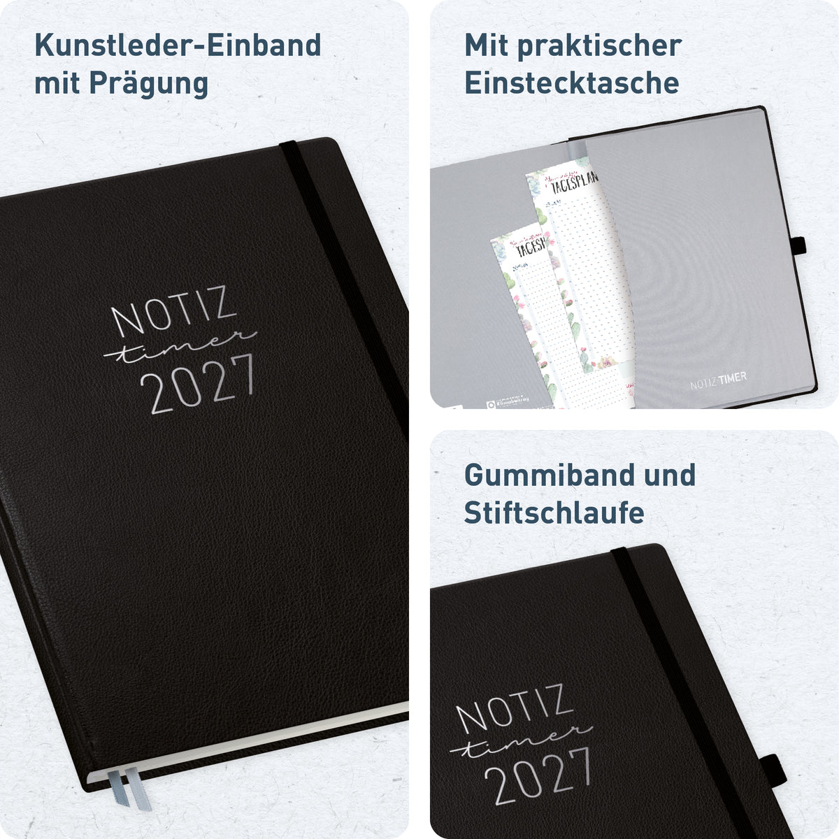 Ausstattung & Bindung von Häfft Wochen-Notiz-Kalender 2027 A4 im Motiv „Schwarz“.