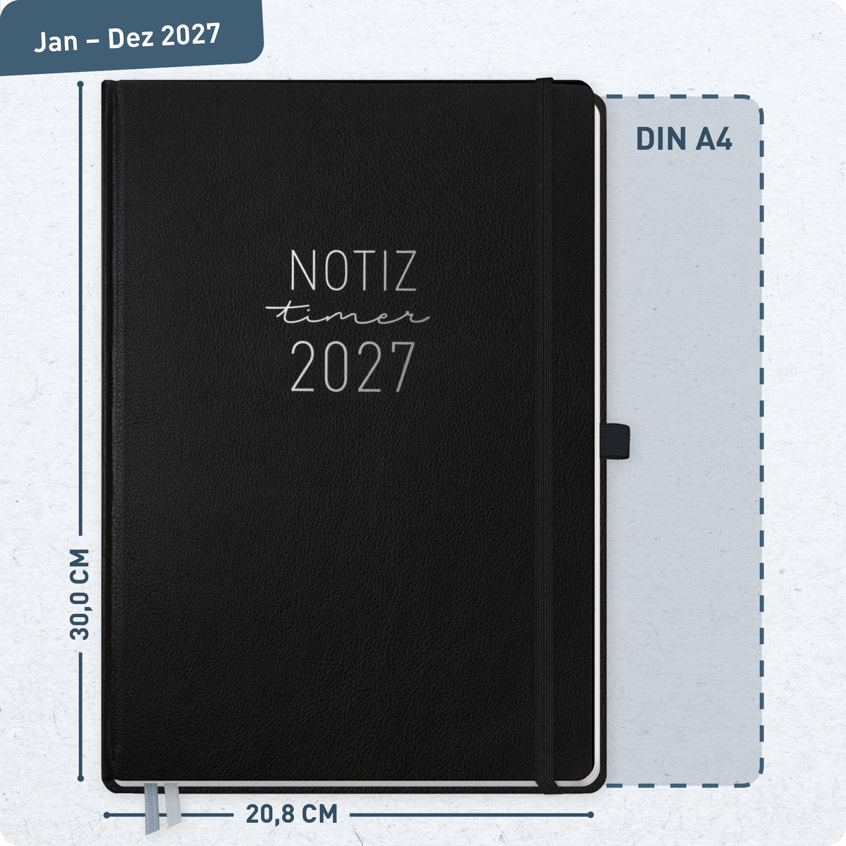 Format- und Größenansicht von Häfft Wochen-Notiz-Kalender 2027 A4 im Motiv „Schwarz“.