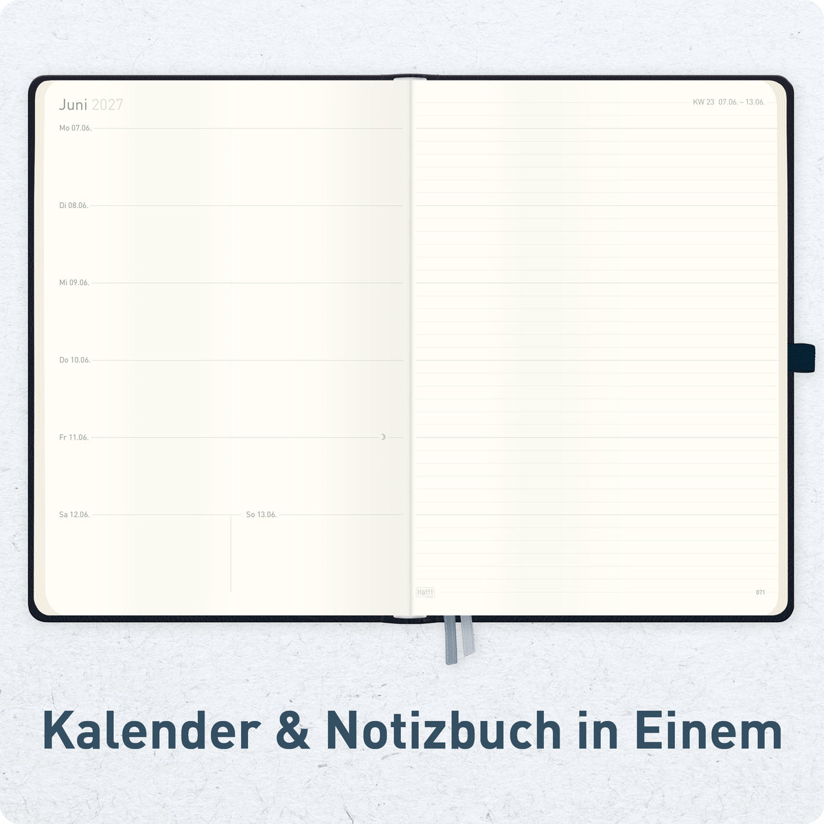 Wochenplanung & Notizen von Häfft Wochen-Notiz-Kalender 2027 A4 im Motiv „Schwarz“.