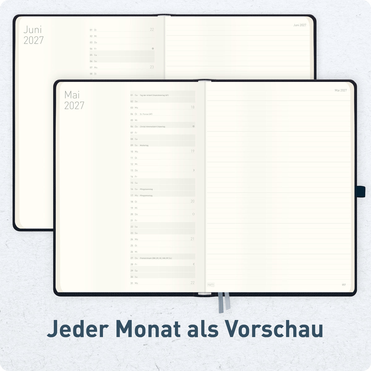 Innenansicht von Häfft Wochen-Notiz-Kalender 2027 A4 im Motiv „Schwarz“ mit Monatsübersicht.