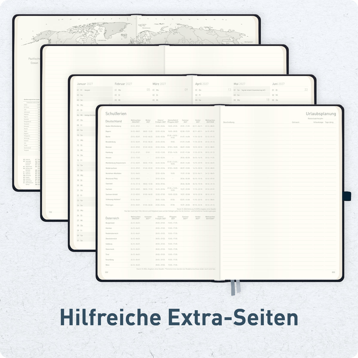 Zusatzseiten von Häfft Wochen-Notiz-Kalender 2027 A4 im Motiv „Schwarz“.