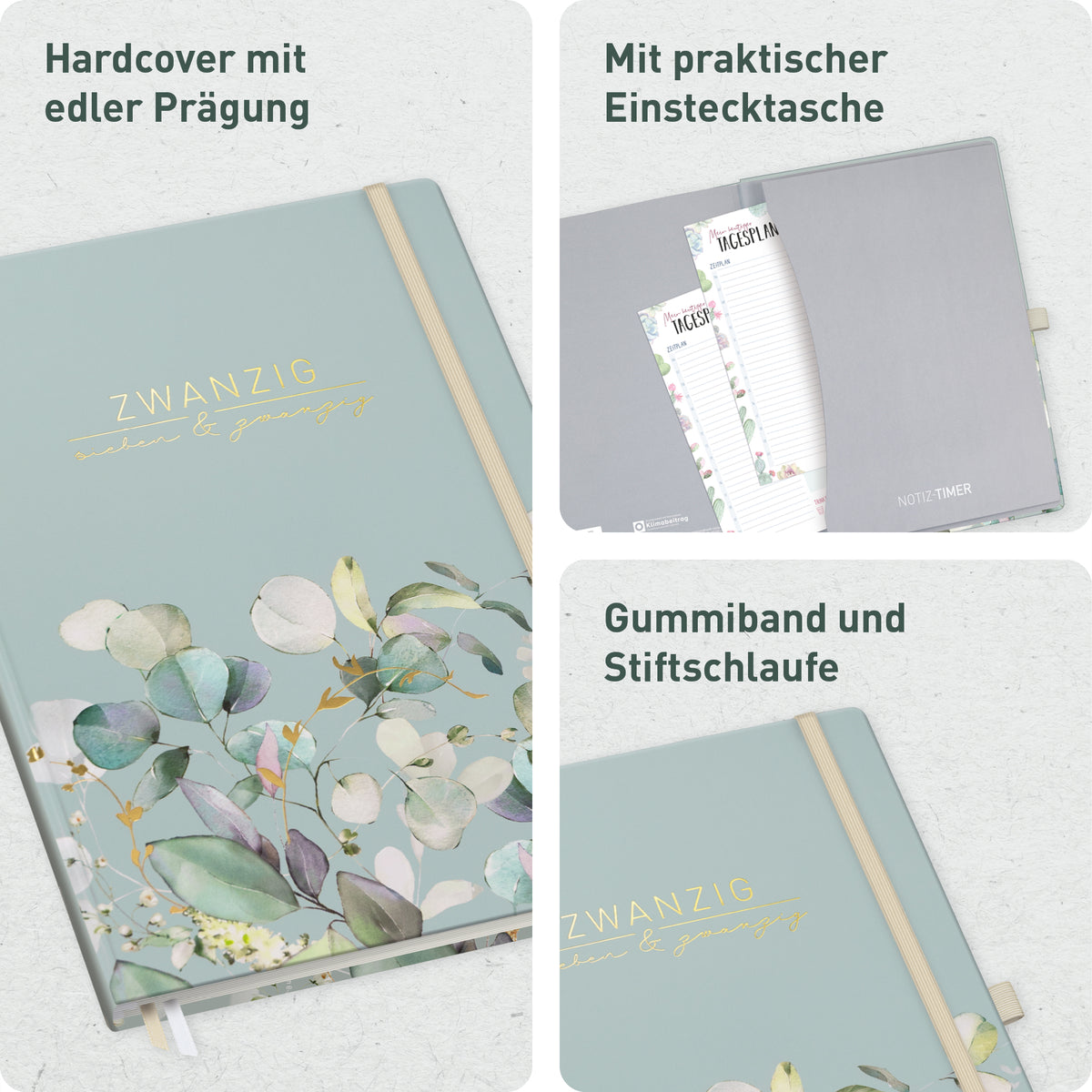 Ausstattung & Bindung von Häfft Wochen-Notiz-Kalender 2027 A4 im Motiv „Minty Leaves“.