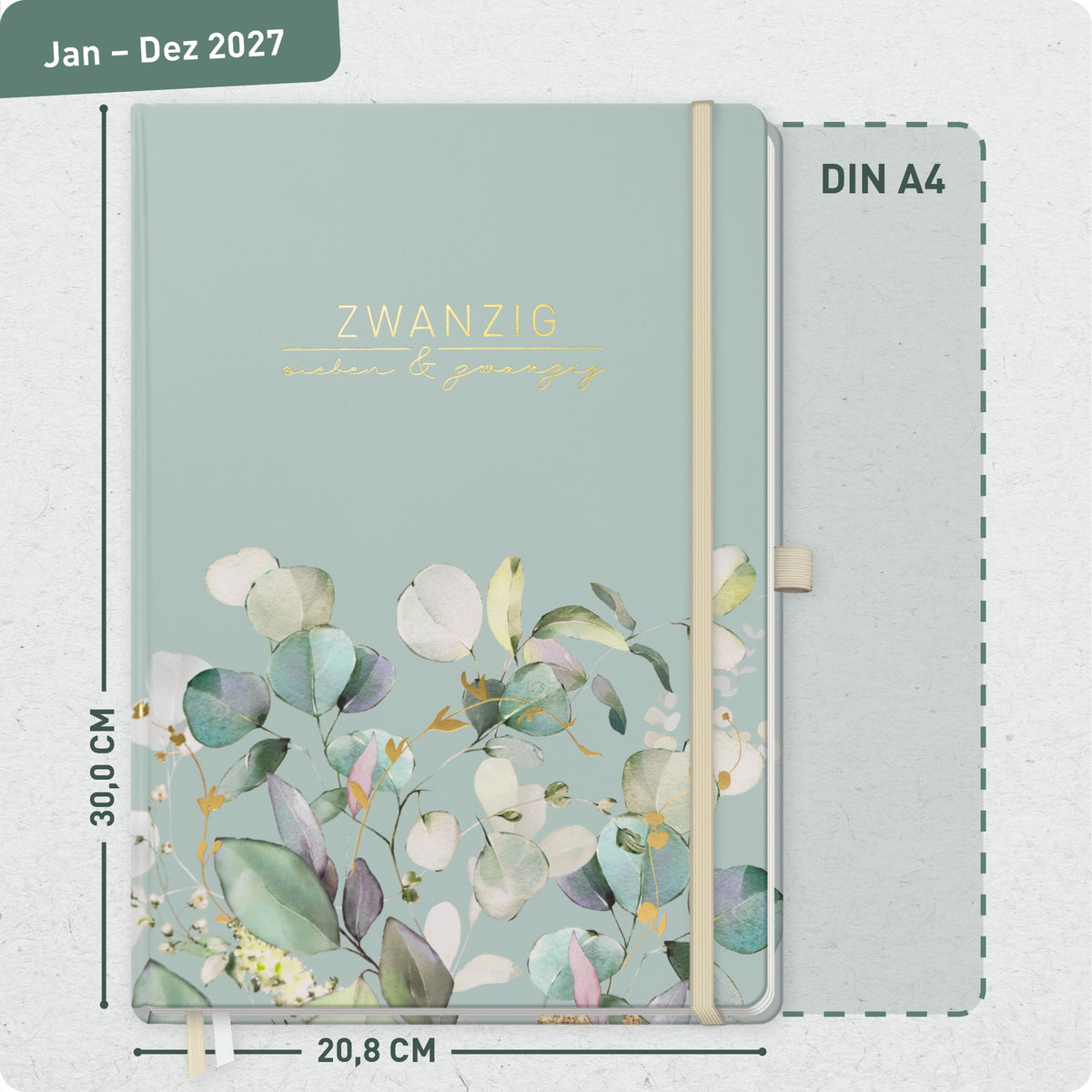 Format- und Größenansicht von Häfft Wochen-Notiz-Kalender 2027 A4 im Motiv „Minty Leaves“.