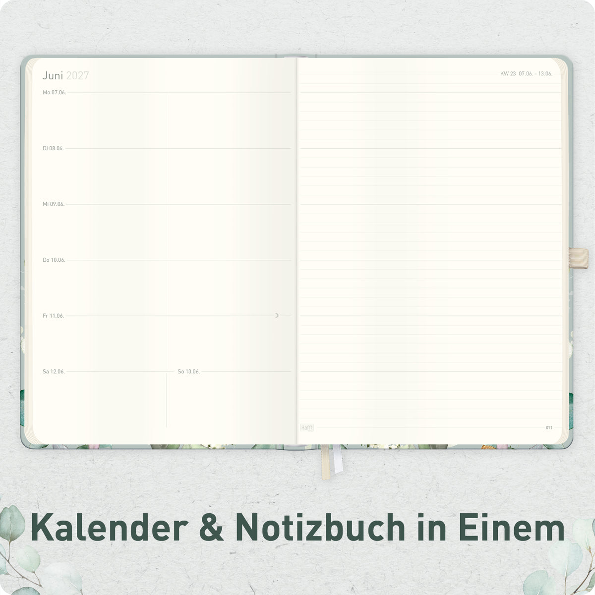 Wochenplanung & Notizen von Häfft Wochen-Notiz-Kalender 2027 A4 im Motiv „Minty Leaves“.
