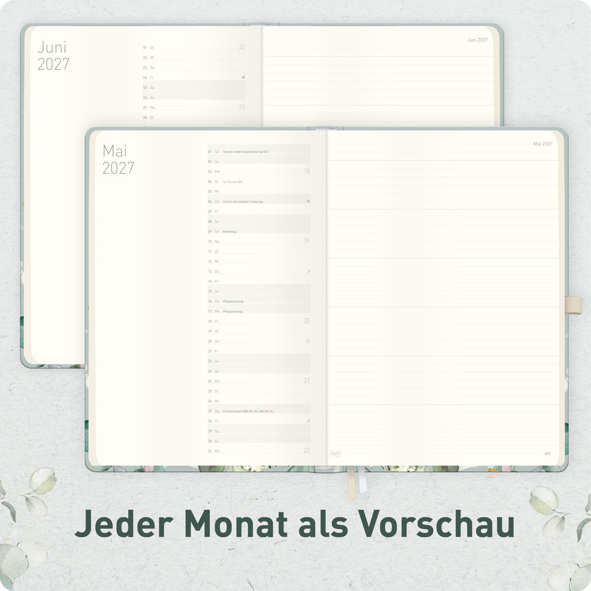 Innenansicht von Häfft Wochen-Notiz-Kalender 2027 A4 im Motiv „Minty Leaves“ mit Monatsübersicht.