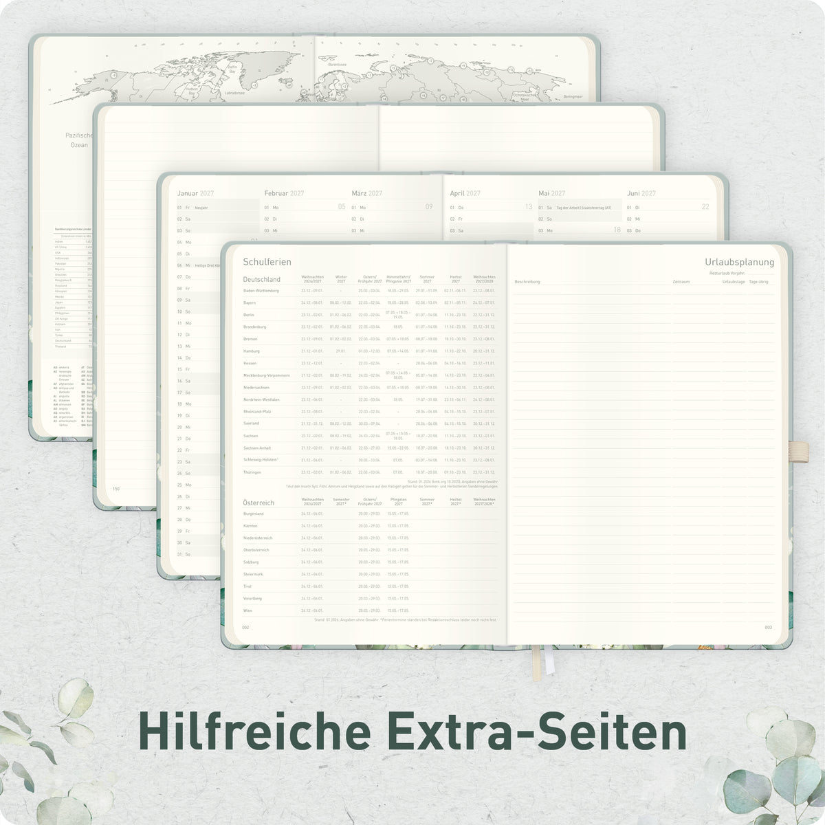 Zusatzseiten von Häfft Wochen-Notiz-Kalender 2027 A4 im Motiv „Minty Leaves“.