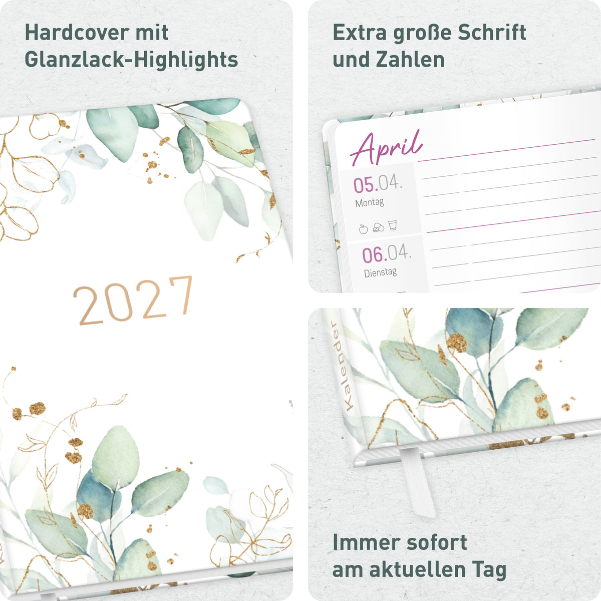Ausstattung & große Schrift von Häfft Großdruck-Kalender 2027 A5 - extra große Schrift im Motiv „Blattgold“.