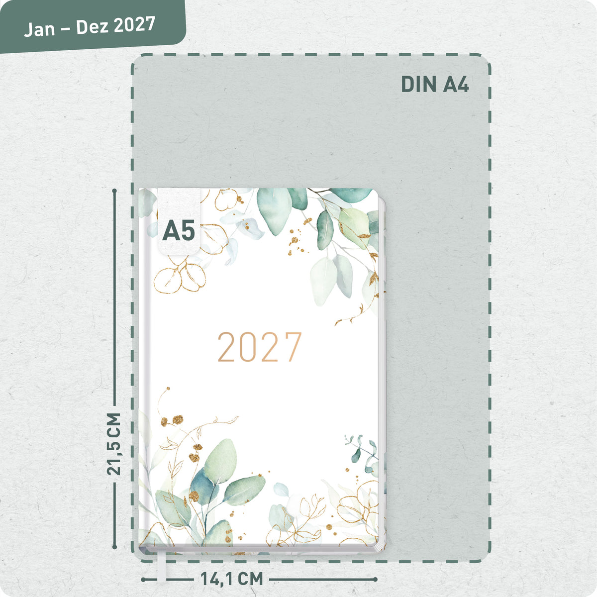 Format- und Größenansicht von Häfft Großdruck-Kalender 2027 A5 - extra große Schrift im Motiv „Blattgold“.