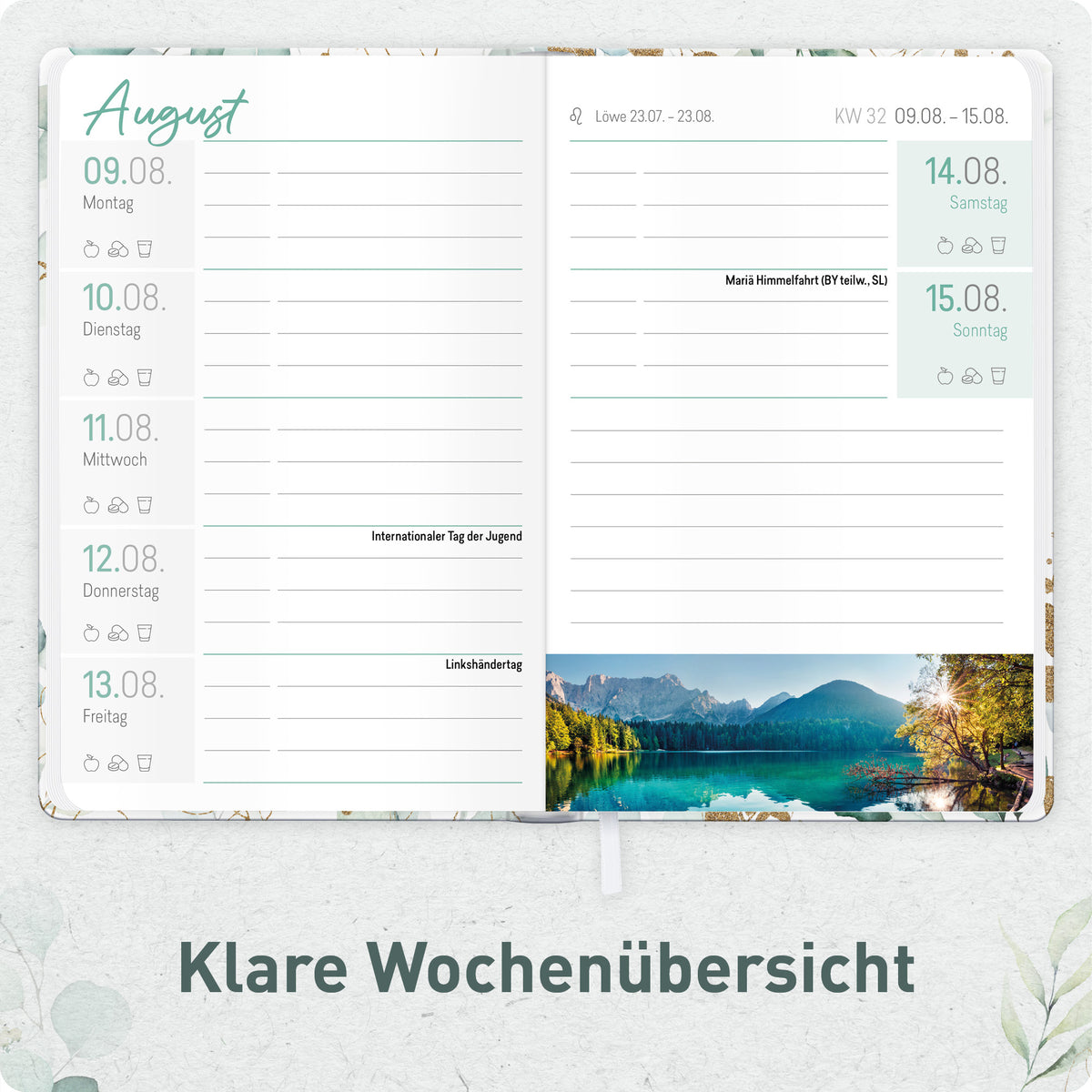 Innenansicht von Häfft Großdruck-Kalender 2027 A5 - extra große Schrift im Motiv „Blattgold“ mit gut lesbarer Wochenplanung in großer Schrift.