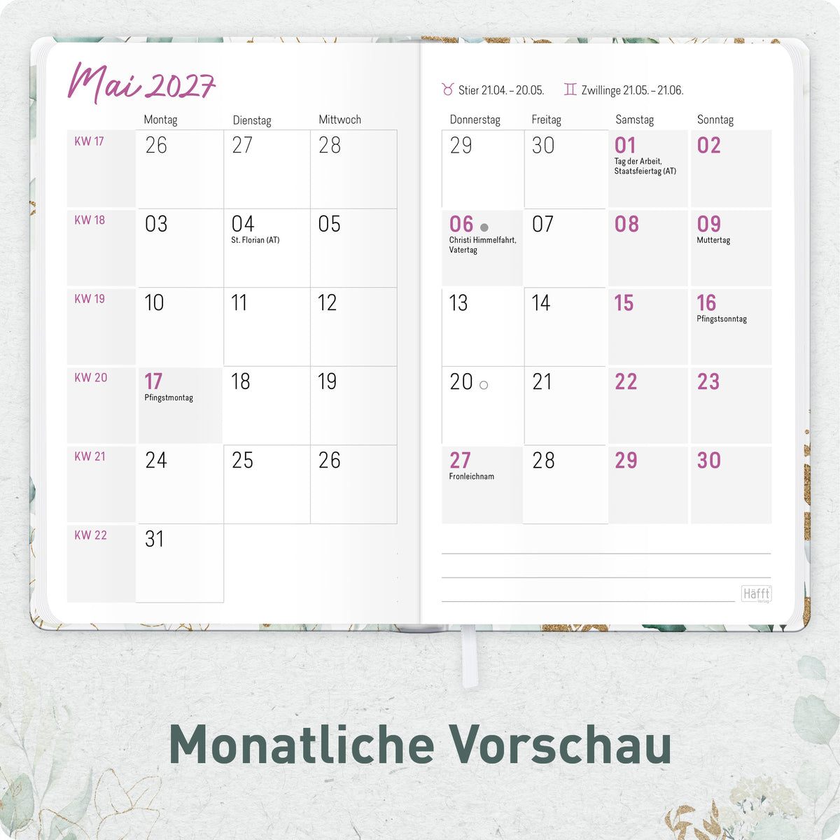 Innenansicht von Häfft Großdruck-Kalender 2027 A5 - extra große Schrift im Motiv „Blattgold“ mit Monatsübersicht.