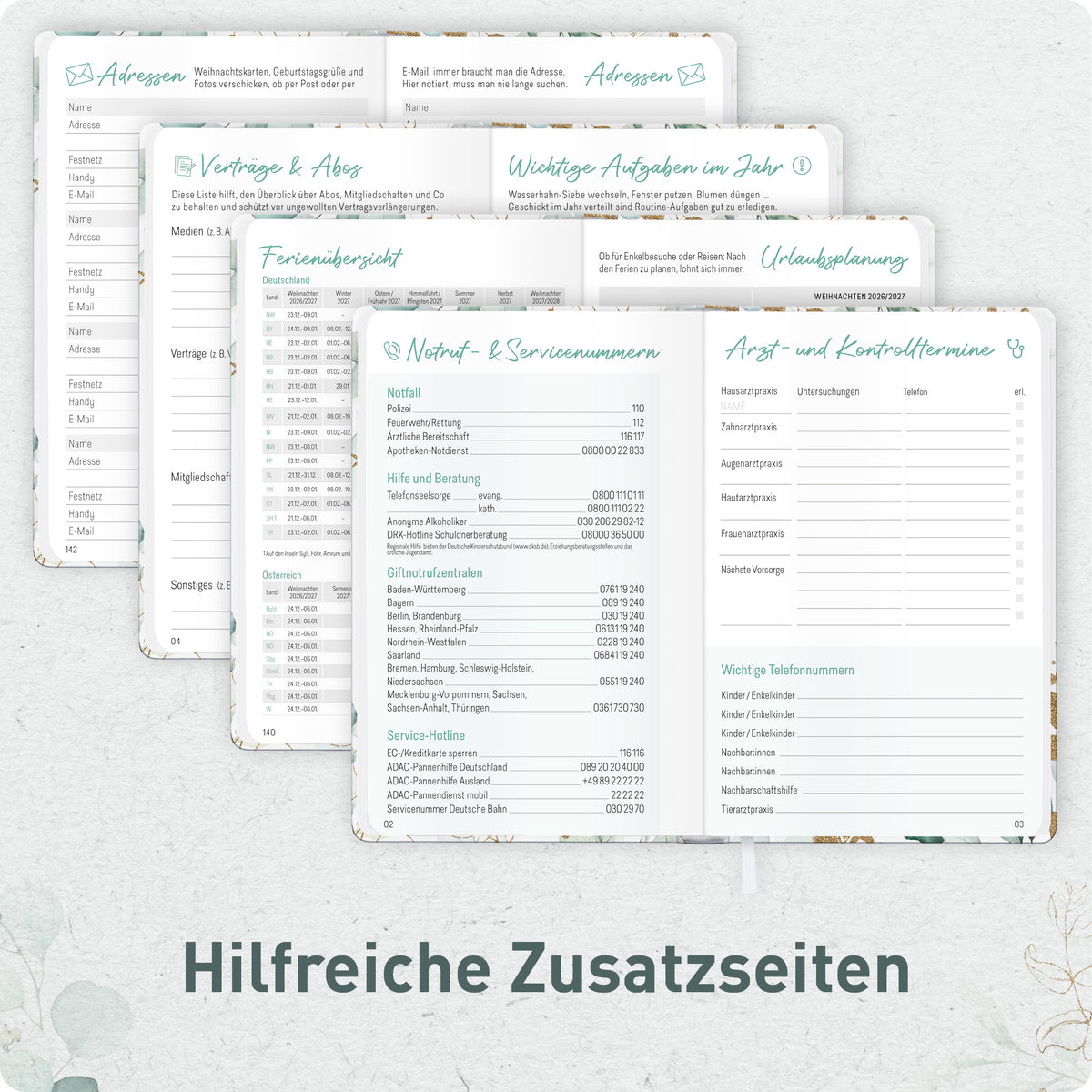 Zusatzseiten von Häfft Großdruck-Kalender 2027 A5 - extra große Schrift im Motiv „Blattgold“.