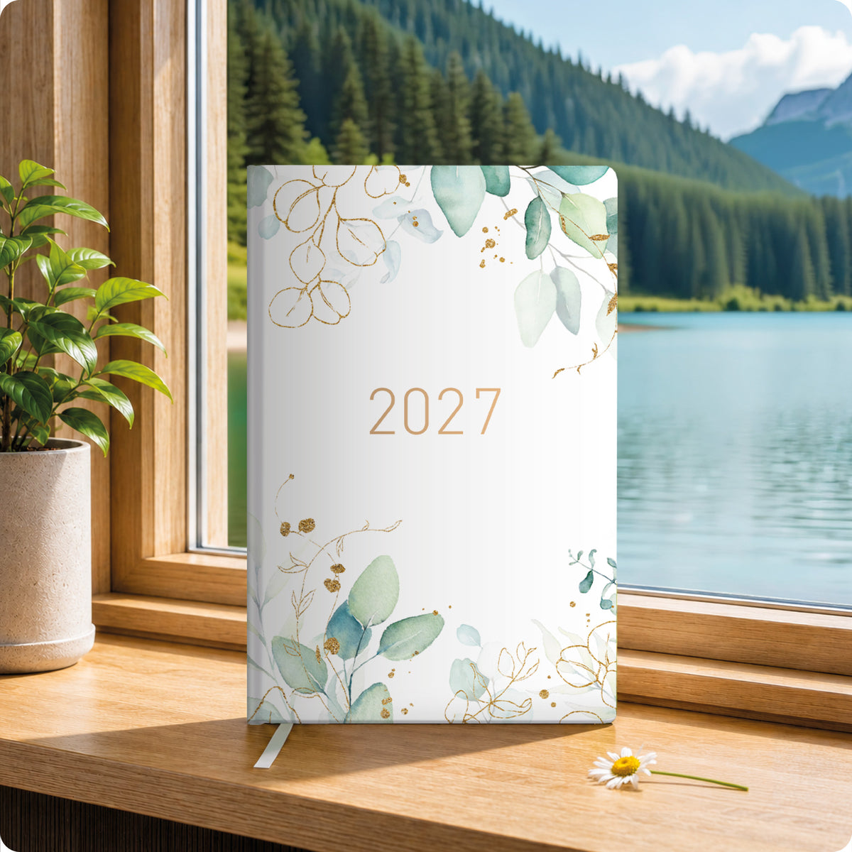 Lifestyle-Ansicht von Häfft Großdruck-Kalender 2027 A5 - extra große Schrift im Motiv „Blattgold“ im Einsatz.