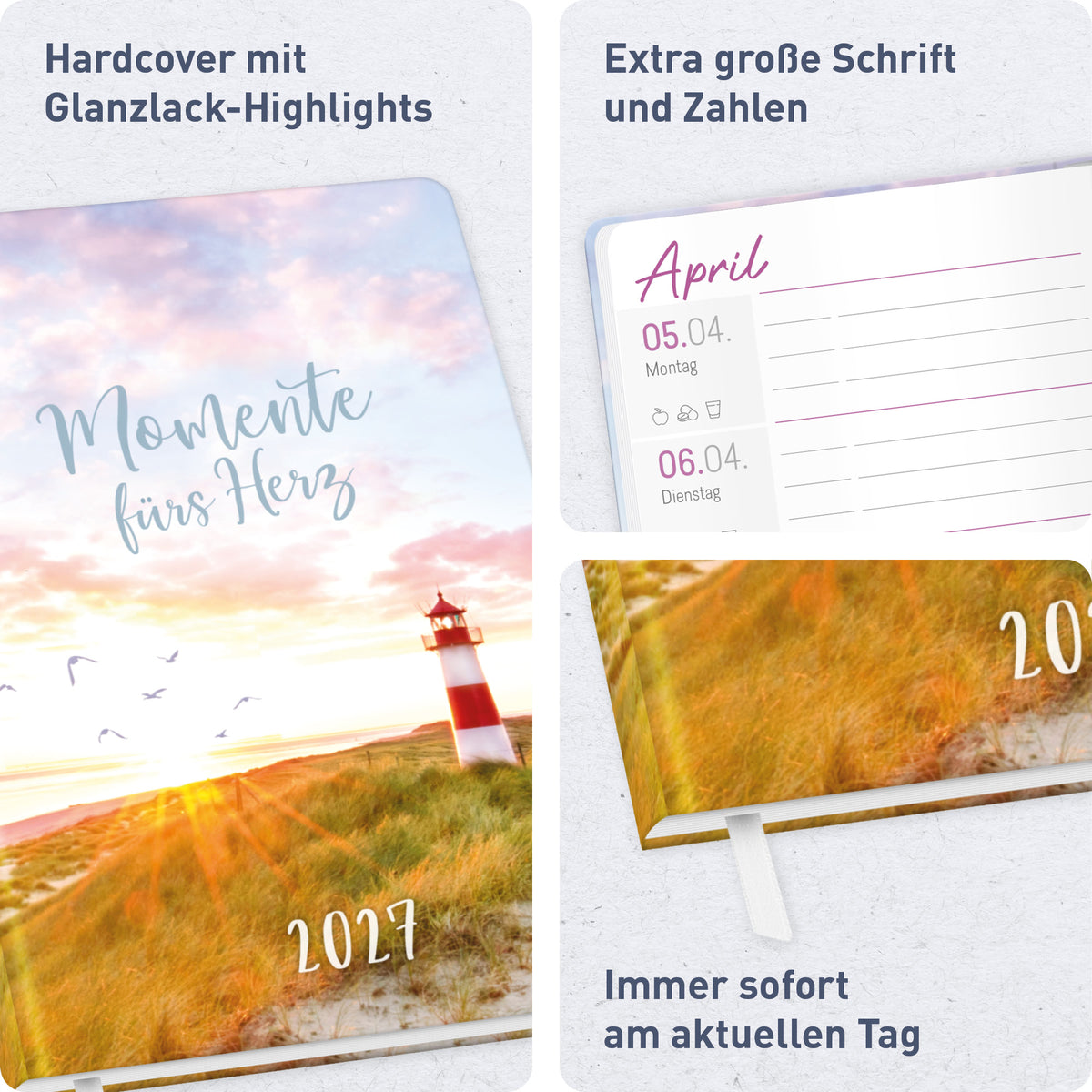 Ausstattung & große Schrift von Häfft Großdruck-Kalender 2027 A5 - extra große Schrift im Motiv „Leuchtturm“.