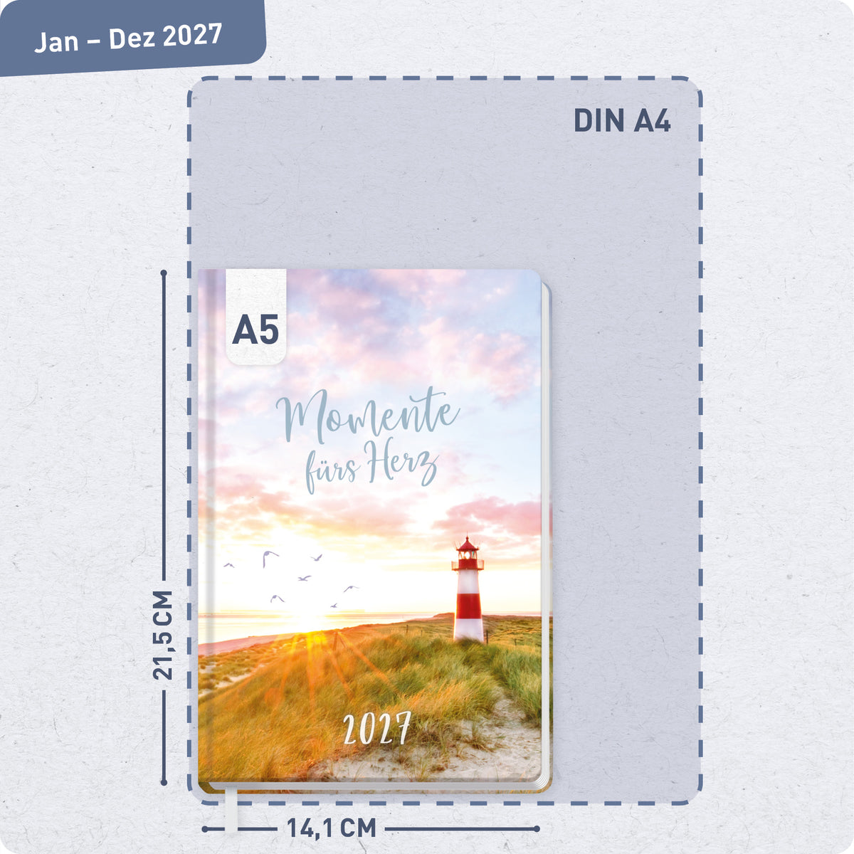 Format- und Größenansicht von Häfft Großdruck-Kalender 2027 A5 - extra große Schrift im Motiv „Leuchtturm“.