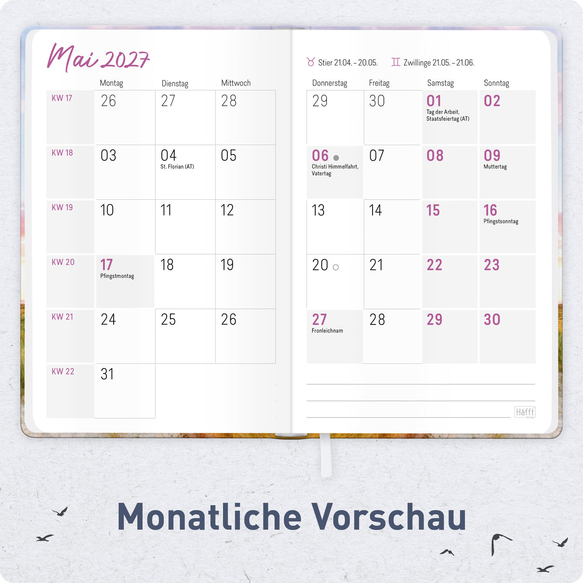 Innenansicht von Häfft Großdruck-Kalender 2027 A5 - extra große Schrift im Motiv „Leuchtturm“ mit Monatsübersicht.