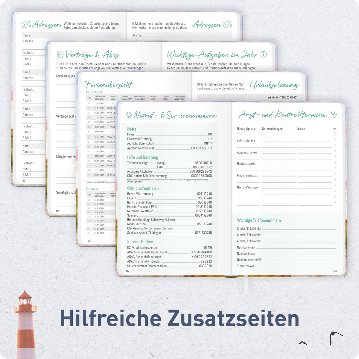 Zusatzseiten von Häfft Großdruck-Kalender 2027 A5 - extra große Schrift im Motiv „Leuchtturm“.