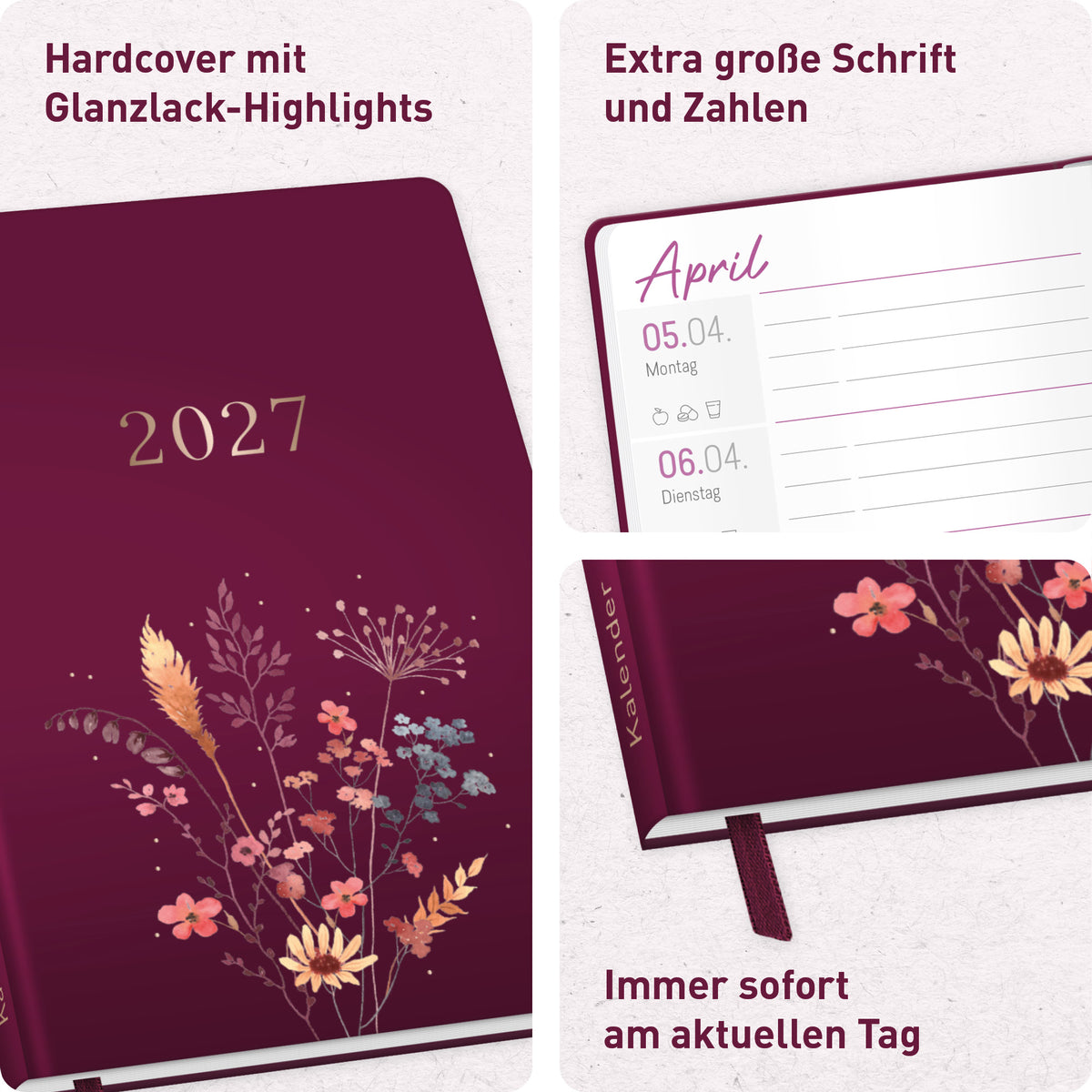 Ausstattung & große Schrift von Häfft Großdruck-Kalender 2027 A5 - extra große Schrift im Motiv „Blumenzauber“.