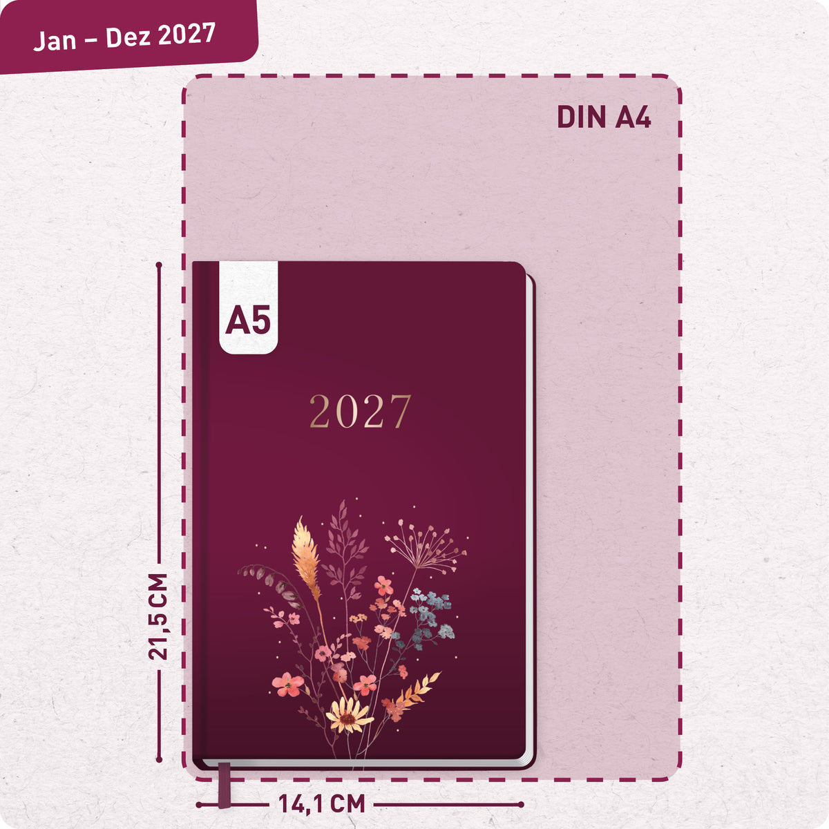 Format- und Größenansicht von Häfft Großdruck-Kalender 2027 A5 - extra große Schrift im Motiv „Blumenzauber“.