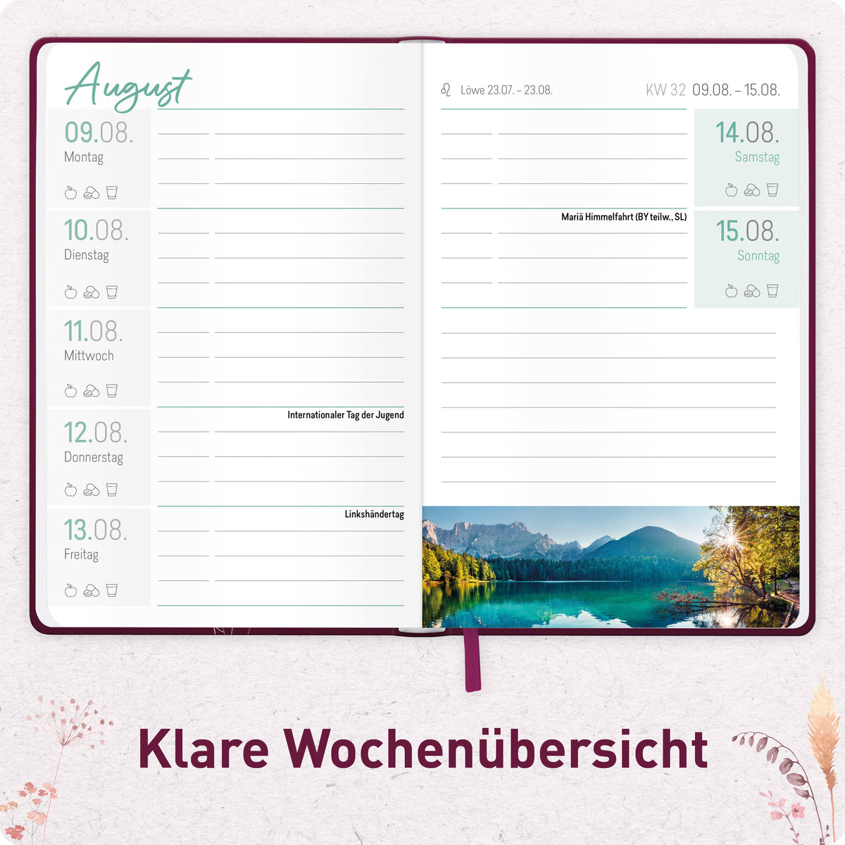 Innenansicht von Häfft Großdruck-Kalender 2027 A5 - extra große Schrift im Motiv „Blumenzauber“ mit gut lesbarer Wochenplanung in großer Schrift.