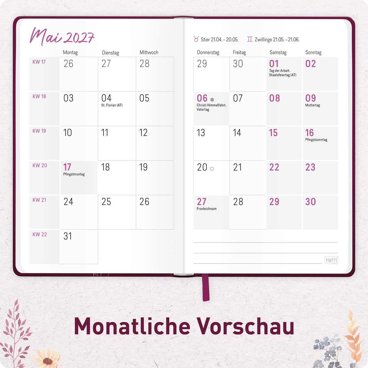 Innenansicht von Häfft Großdruck-Kalender 2027 A5 - extra große Schrift im Motiv „Blumenzauber“ mit Monatsübersicht.