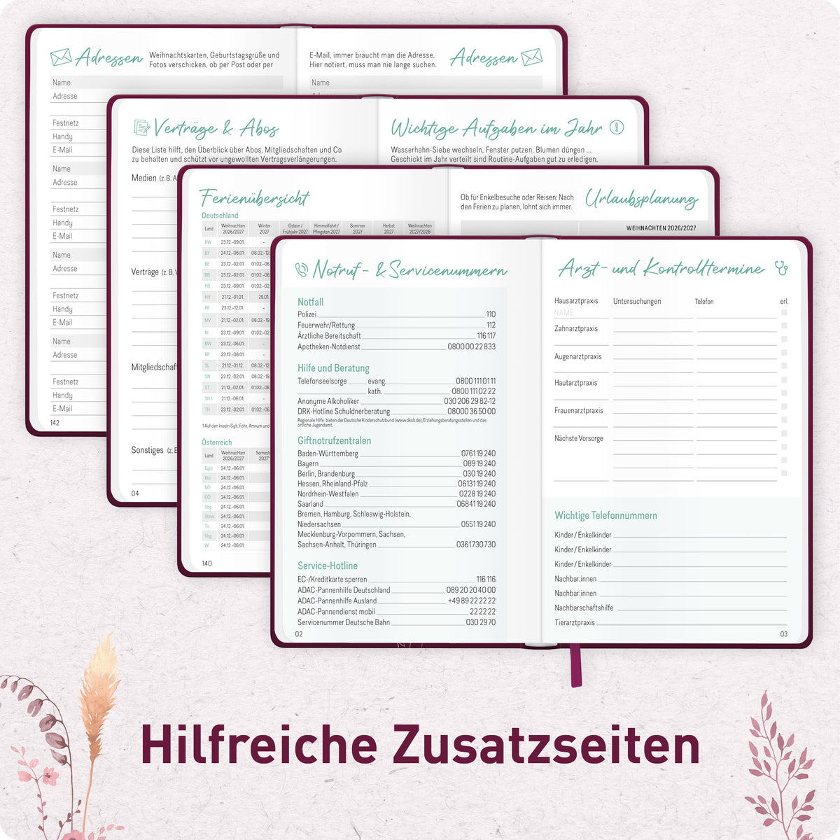 Zusatzseiten von Häfft Großdruck-Kalender 2027 A5 - extra große Schrift im Motiv „Blumenzauber“.