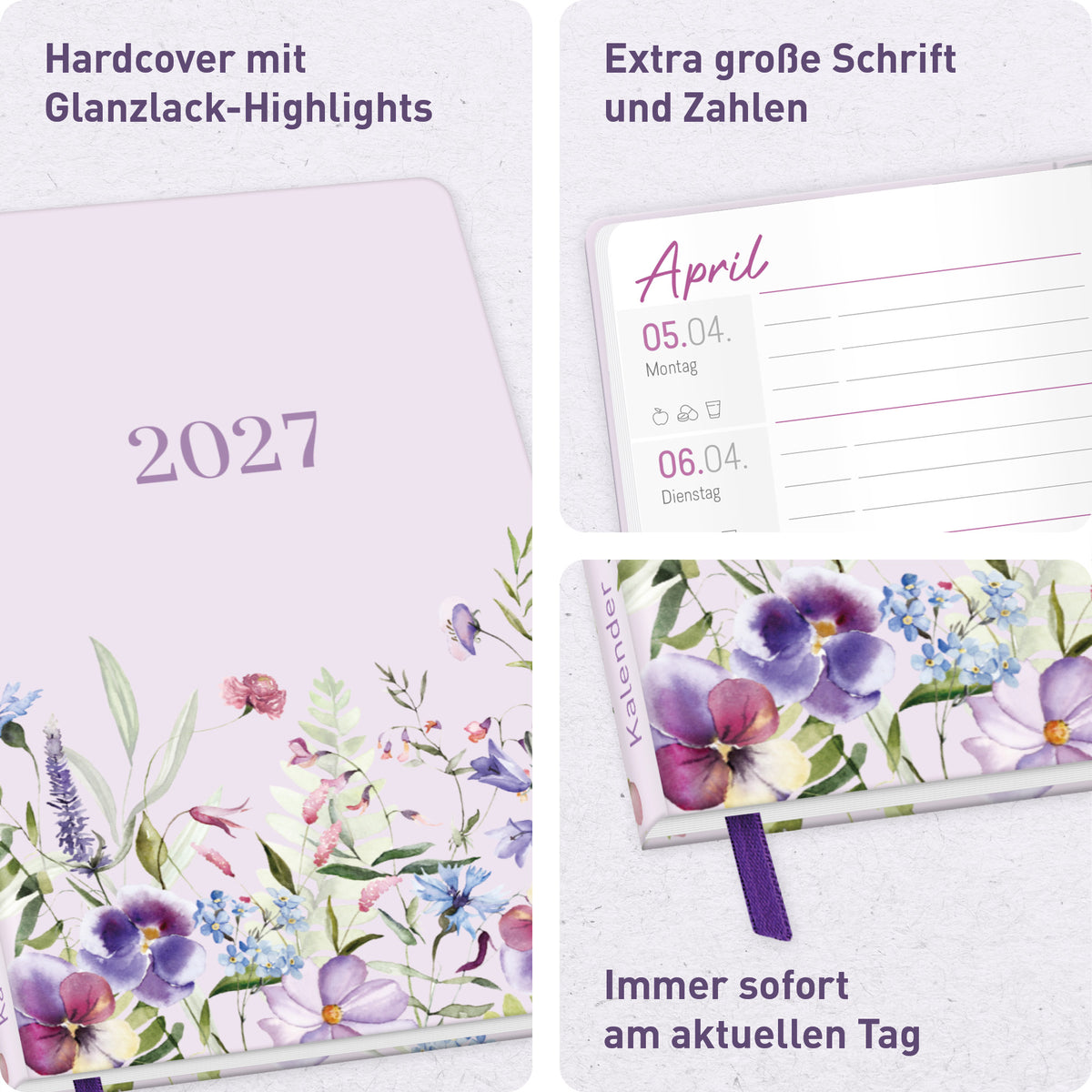 Ausstattung & große Schrift von Häfft Großdruck-Kalender 2027 A5 - extra große Schrift im Motiv „Blütentraum“.