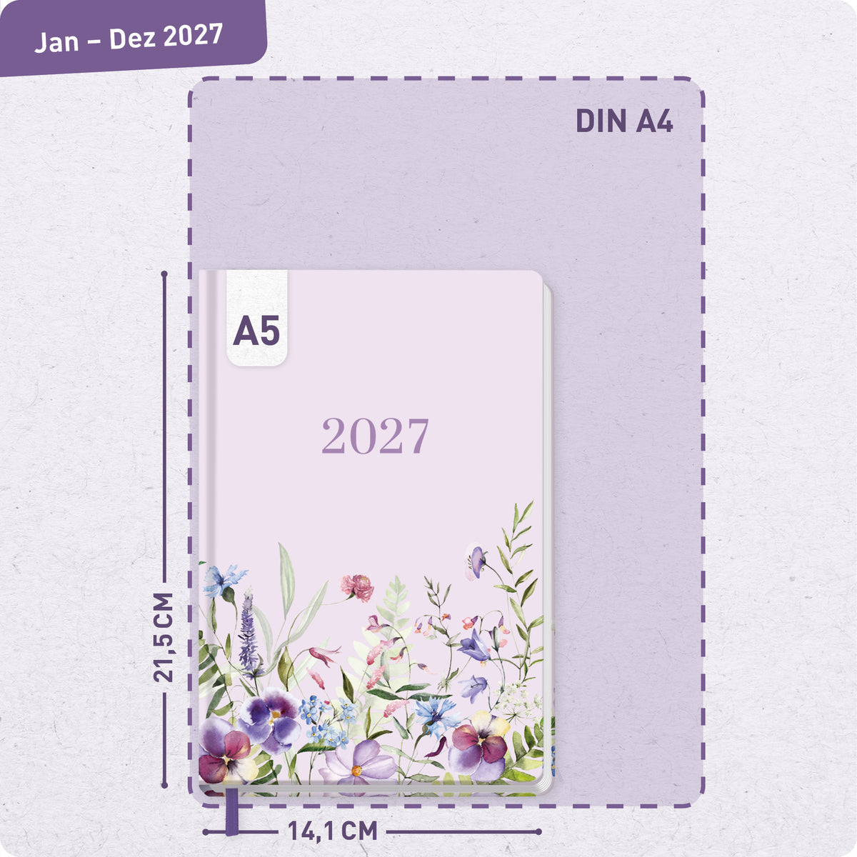 Format- und Größenansicht von Häfft Großdruck-Kalender 2027 A5 - extra große Schrift im Motiv „Blütentraum“.
